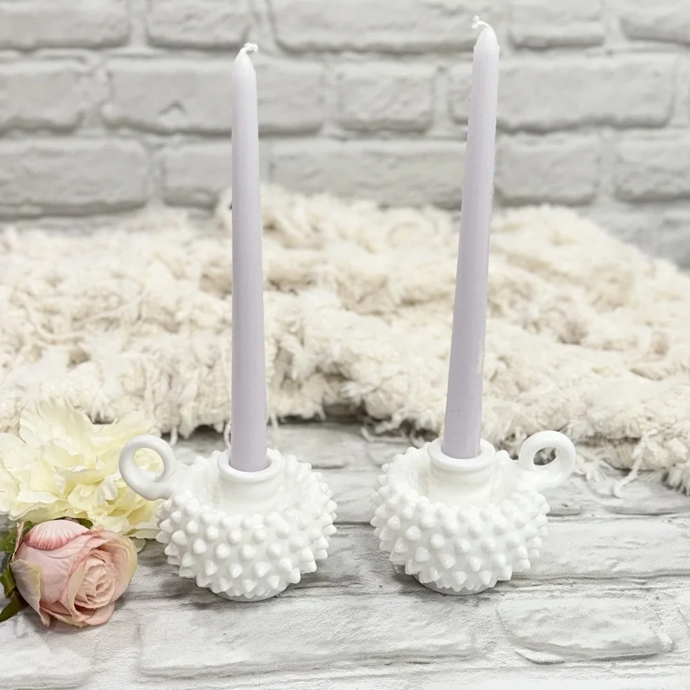 Vtg Fenton Hobnail White Milk Glass Single Finger Loop Handle Candle‎ Holder Set